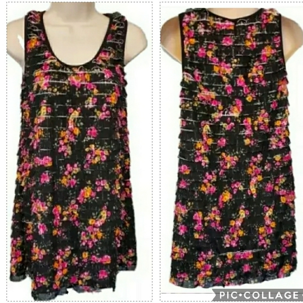 Anthropologie Free People  Mini Floral  Dress black pink orange ruffle Size S *